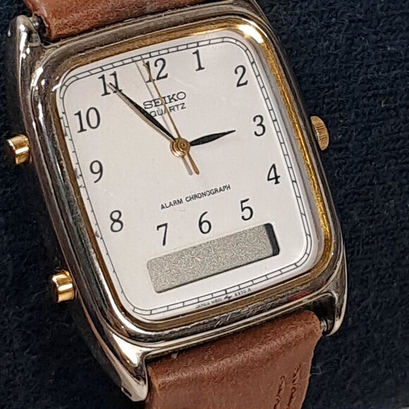 Vintage Seiko Digital Analog Alarm Chronograph Quartz Watch H601-5420 brown band - Picture 1 of 15